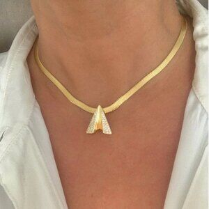 14K Gold-plated Herringbone Chain w/ Pave Crystals Paper Airplane Pendant Choker